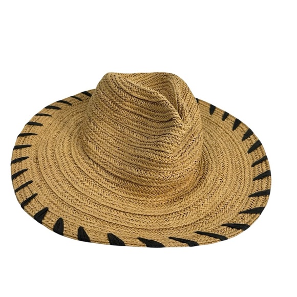 Summer Wide Brim Sun Beach Hat Paper yarn/Polyester Tan with Black Woven Detail - Picture 1 of 6